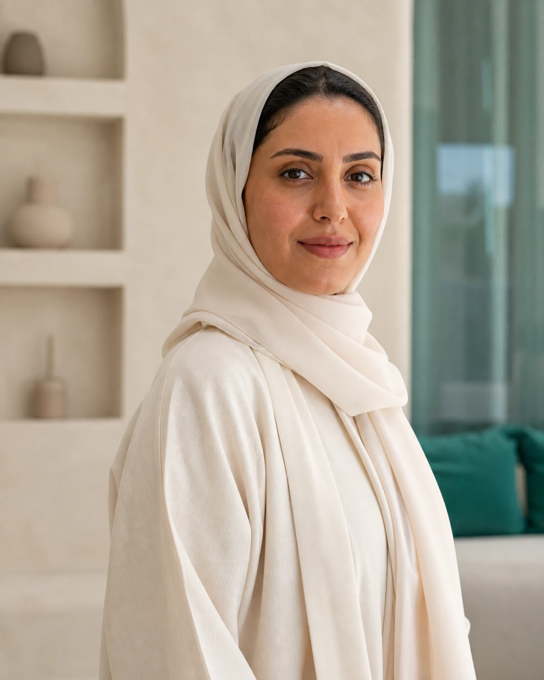 Omani woman with naturally healthy skin in a calm clinic setting